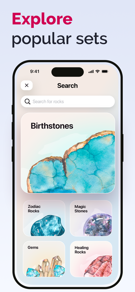 Rock ID app interface for browsing popular stone categories including Birthstones and Healing Rocks.