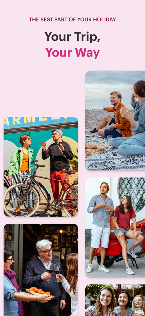 Collage de viajeros disfrutando de tours privados personalizados, catas de vino y experiencias locales en la ciudad.