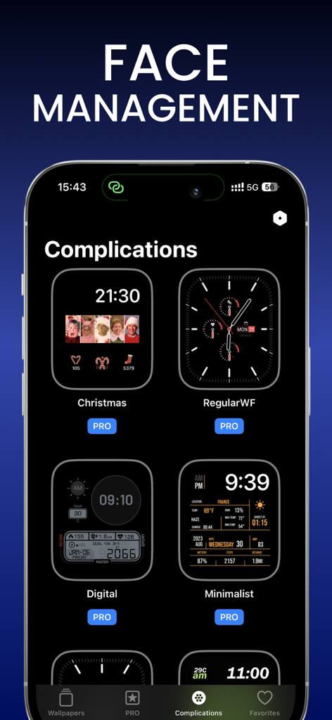 Watch Faces & Widget Gallery - Uma tela mostrando vários mostradores de Apple Watch baseados em complicações no aplicativo Galeria de Mostradores e Widgets