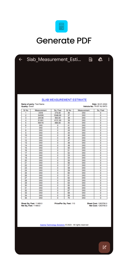 Slab Estimate - A professional slab measurement estimate PDF report displayed on a smartphone screen showing table of measurements and costs