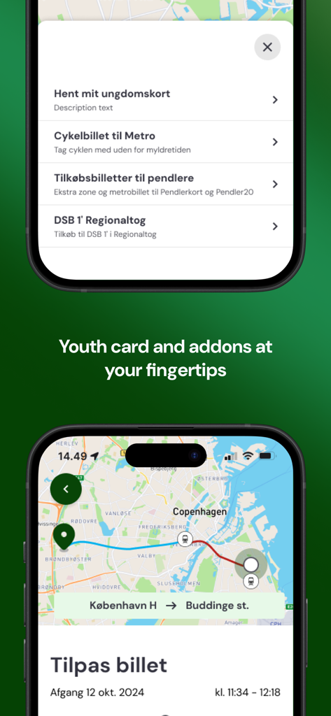 Rejsebillet app interface showing a transit map of Copenhagen and ticket add on options