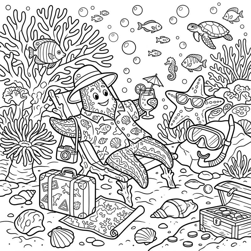 Embark on an underwater journey with this delightful coloring page featuring a deep-sea starfish enjoying a well-deserved vacation. Bring to life a vibrant coral reef scene brimming with sea creatures and hidden treasures.