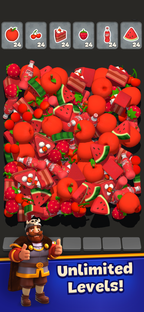 Match 3D Saga - Match 3D Saga game screen showing a pile of red food objects to match and a cartoon character.