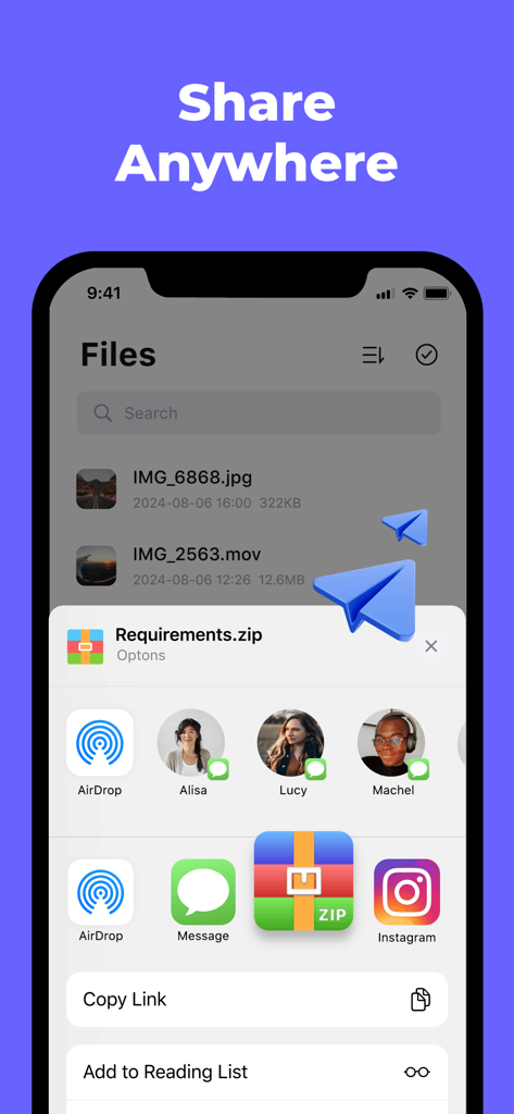 Una captura de pantalla de la aplicación Unzip mostrando una hoja de compartir de iOS para un archivo zip con opciones para AirDrop y mensajería.