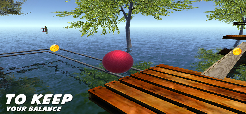 Balance The Crazy Ball - A red textured ball balancing on thin metal rails over a lake with wooden platforms and gold coins