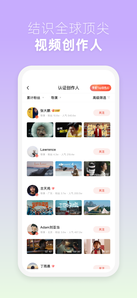 新片场 - 用作品打动世界 - A directory of verified video creators on the XinPianChang app showcasing their professional portfolios and video thumbnails