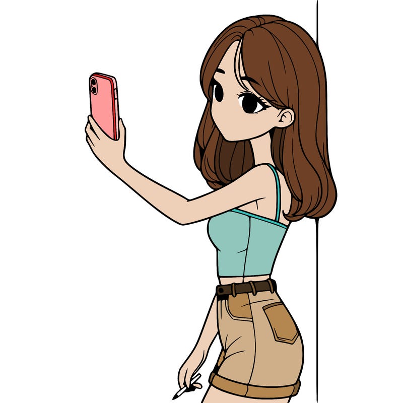 pretty girl leaning on a wall taking a picture on her phone realistically