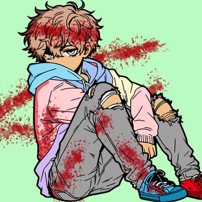 a male hoddie ripped jeans messy hair anime