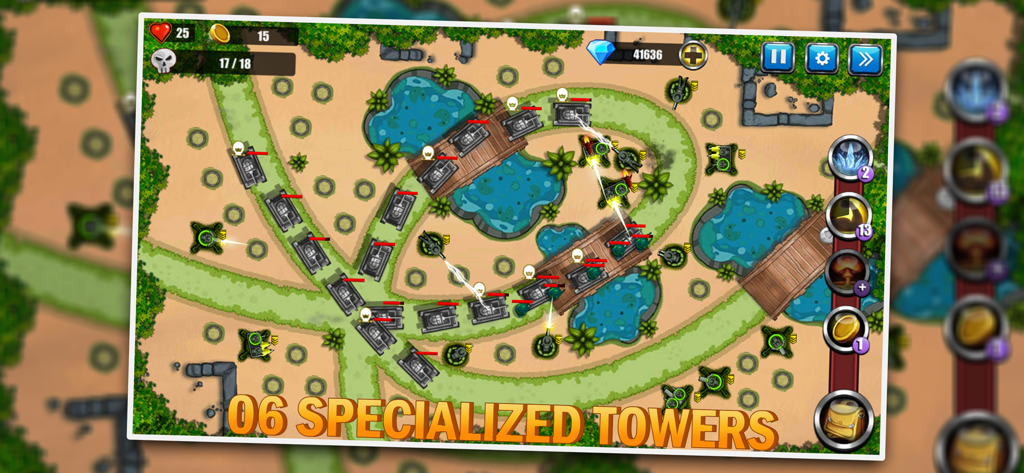 Tower Defense: Toy War 2 - Captura de pantalla del juego de Tower Defense Toy War 2 mostrando tanques de juguete en un camino y torres de defensa especializadas.