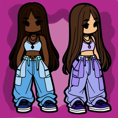 girl in baggy pants crop top and long hair