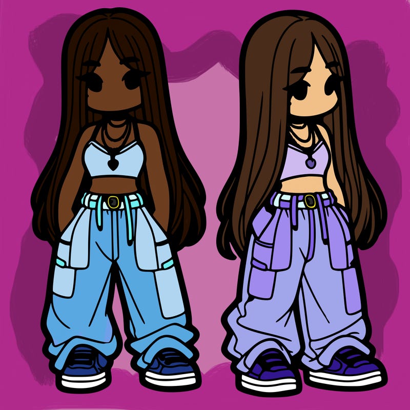 girl in baggy pants crop top and long hair