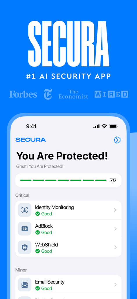 Interface de l'application de sécurité IA Secura montrant le statut protégé et les fonctionnalités de sécurité telles que la surveillance de l'identité et le bloqueur de publicités