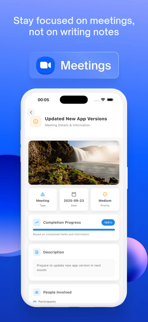 Zooms Meeting Workplaces - Mobile app interface showing meeting notes with priority status and task completion progress.