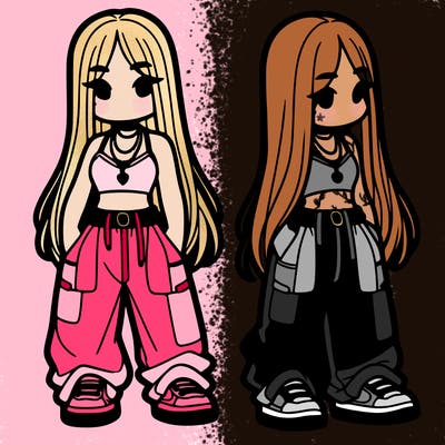 girl in baggy pants crop top and long hair