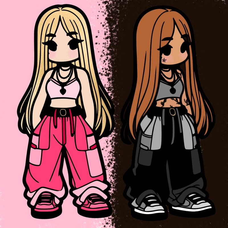 girl in baggy pants crop top and long hair