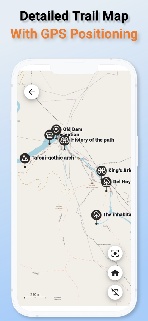 Caminito del Rey - Um mapa detalhado da trilha do Caminito del Rey com posicionamento GPS e pontos de interesse históricos.