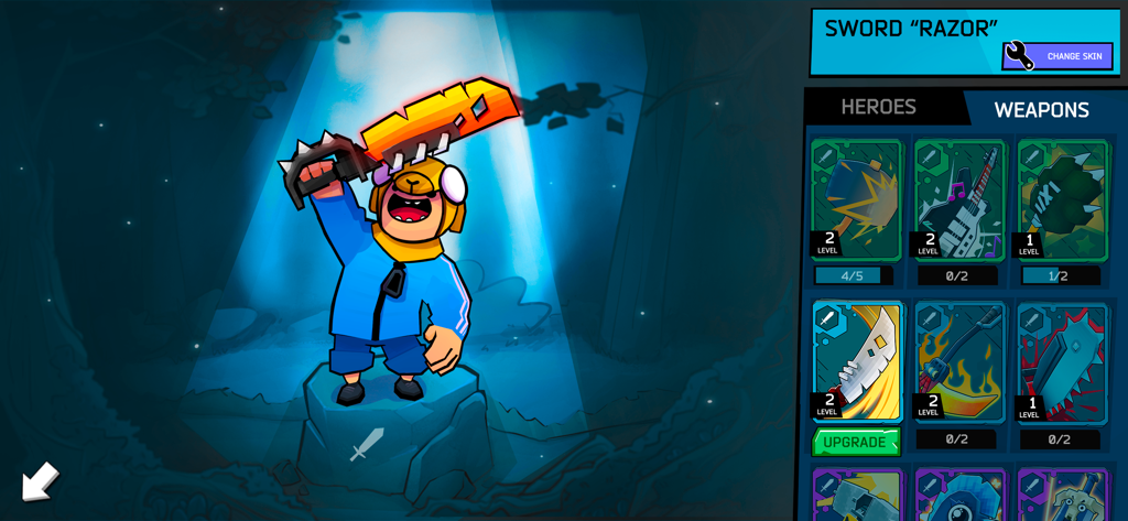 Cartoon-Charakter in einem blauen Trainingsanzug, der im Fury Wars-Waffenmenü ein großes oranges Schwert namens Razor hält