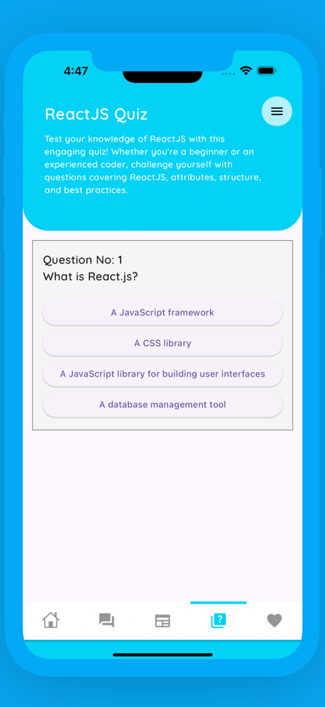 Mobile Ansicht der ReactJS Programming App mit einer Multiple-Choice-Quizfrage zur Definition von React.js