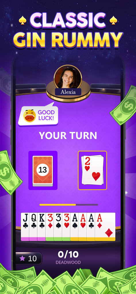 Gin Rummy Cash - Classic Gin Rummy Cash mobile game interface showing a player's hand on a purple table with cash graphics.