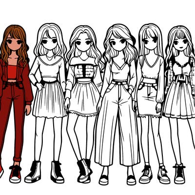 a group of realistic girls standing together in a line