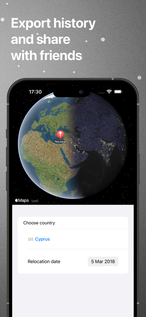 글로벌 지도에서 키프로스의 이전 날짜를 보여주는 FastTrack 앱 화면