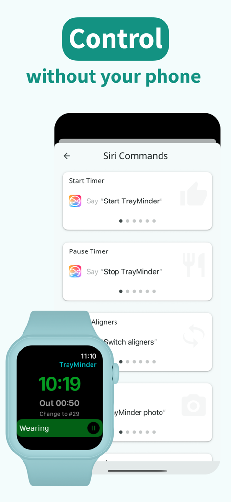 TrayMinder - TrayMinder interface showing Siri voice commands and Apple Watch integration for tracking aligner wear time