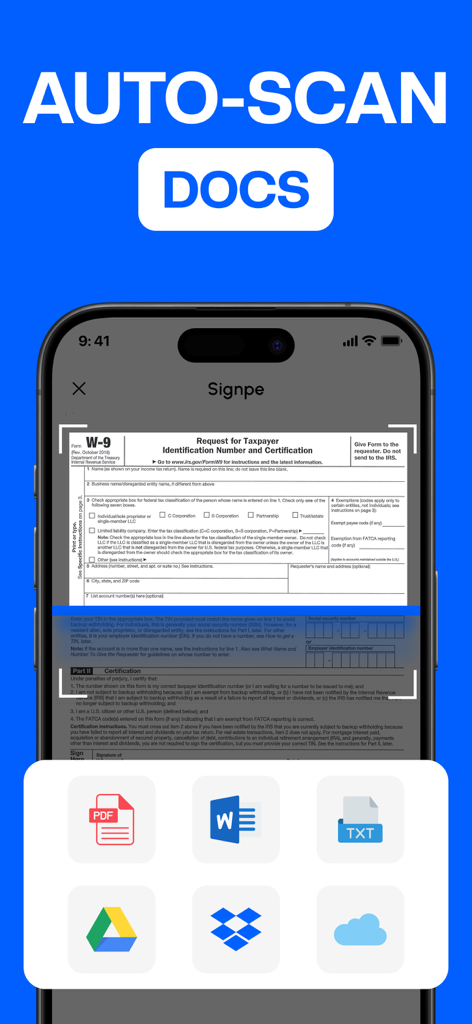 iPhone scanning a W9 tax form using the auto scan feature of the Fill and Sign PDF app