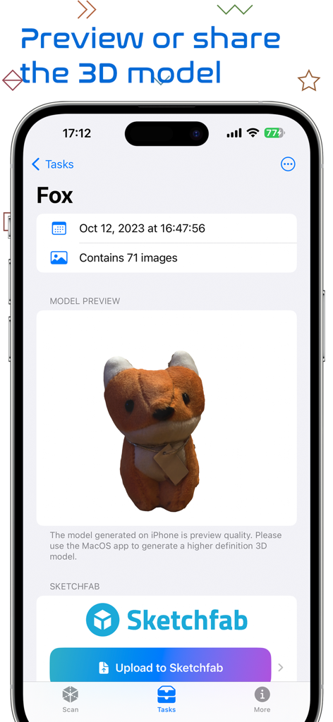 3Dオブジェクトキャプチャアプリのインターフェースに、スキャンされたキツネのぬいぐるみのプレビューとSketchfabへのアップロードボタンが表示されています。