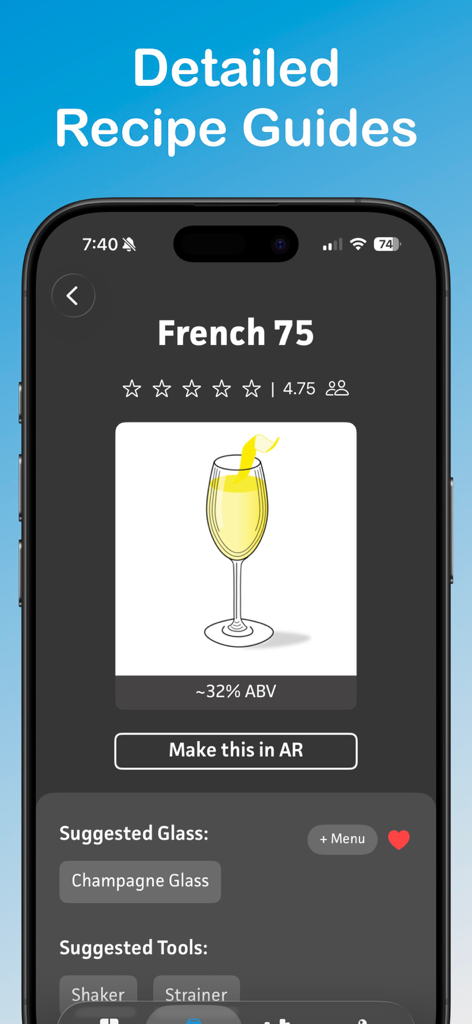 Schermata dell'app DrinkSmith che mostra una ricetta di cocktail French 75 con contenuto alcolico e bicchiere suggerito
