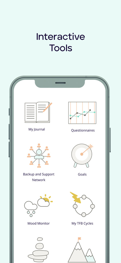 Captura de tela do aplicativo SilverCloud Health exibindo ferramentas interativas, incluindo um diário, questionários e monitor de humor.