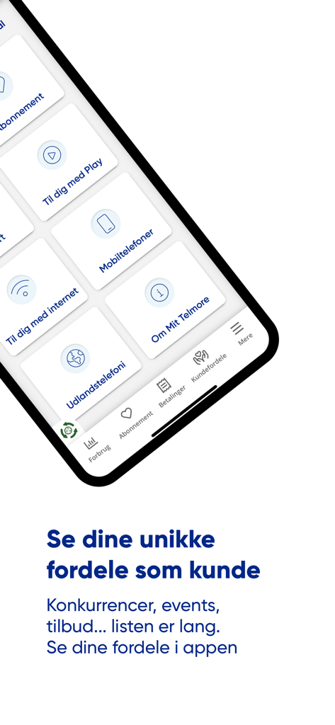 Mit Telmore - Interfaccia dell'app mobile Mit Telmore che presenta i vantaggi per i clienti e le categorie di servizi