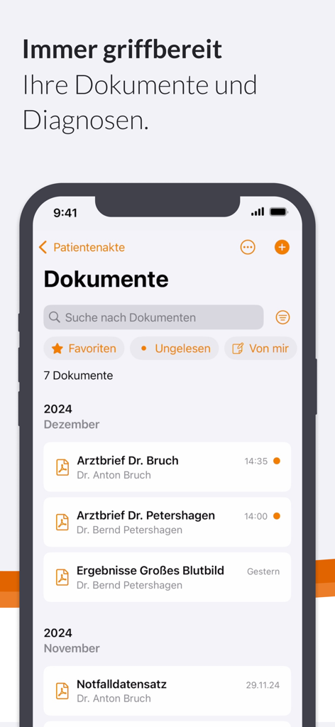 DAK ePA - Oberfläche der DAK ePA App, die eine Liste medizinischer Dokumente und Bluttestergebnisse auf einem Smartphone anzeigt.