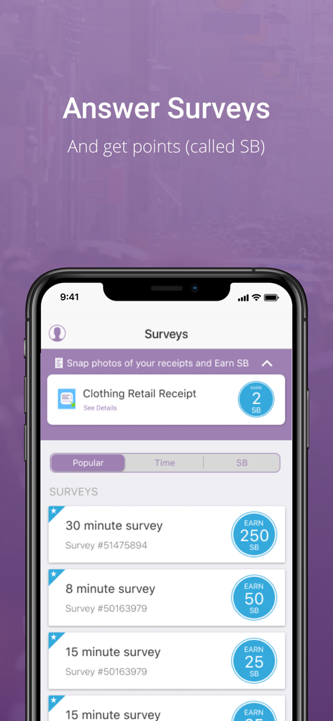 SB Answer - Interface of the SB Answer app displaying a list of available surveys with their completion times and point rewards