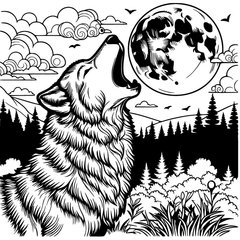 realistic wolf howling at the moon