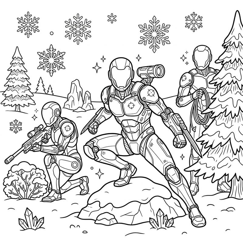 Prepare for an intense coloring mission with this thrilling page featuring elite assassin cyborgs. Set against a detailed winter wonderland, this scene invites you to bring a frosty sci-fi adventure to life.
