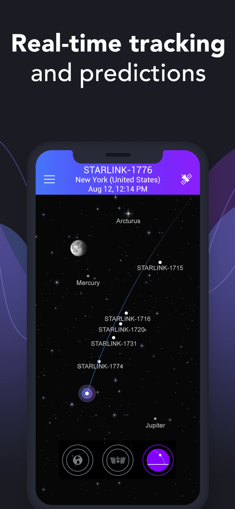 Satellite Tracker by Star Walk - Real-time satellite tracking screen showing Starlink satellites and planets in the night sky.