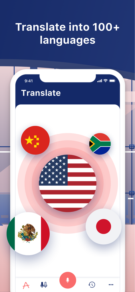 Traductorアプリの画面に、国際的な国旗とともに100以上の言語の翻訳サポートが表示されている