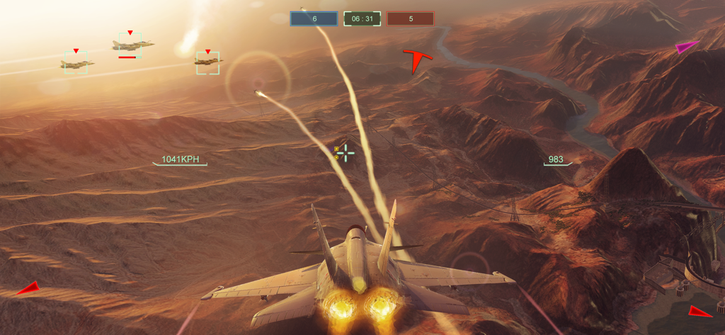 Sky Gamblers - Air Supremacy 2 - Third person view of a jet fighter dogfight over a desert canyon at sunset