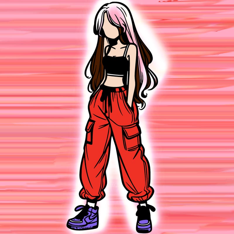 girl in baggy pants crop top and long hair