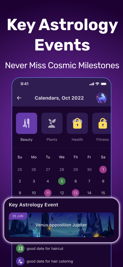 A mobile app interface displaying an astrology calendar with key cosmic events and daily activity recommendations.