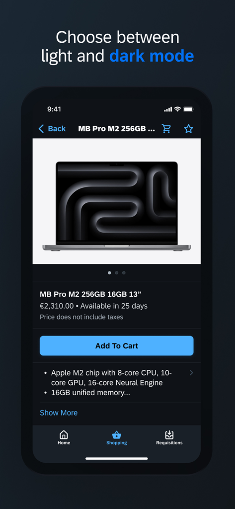 SAP Ariba Shopping - Interfaz de la aplicación móvil SAP Ariba Shopping en modo oscuro mostrando una página de producto de portátil.