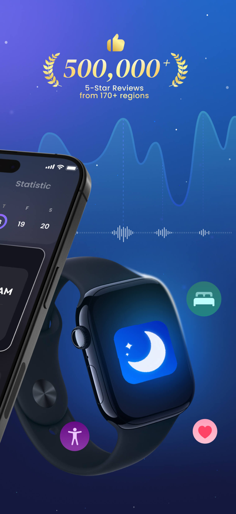 Sleep Tracker: Recorder, Sound - Aplicativo Sleep Tracker destacando 500.000 avaliações 5 estrelas e integração com Apple Watch