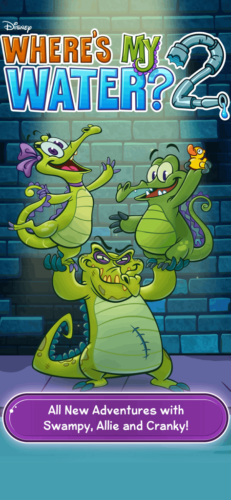 Where's My Water? 2 - ワニのキャラクター、スワンピー、アリー、クランキーが登場する Where's My Water 2 のスプラッシュスクリーン。