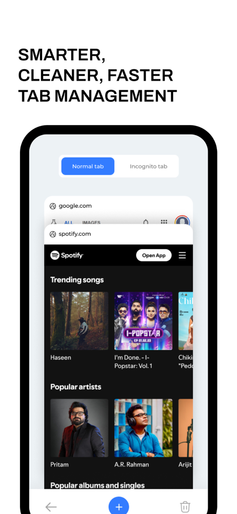 UniTV Player: Browse Movies - Interface do aplicativo UniTV Player mostrando a tela de gerenciamento de abas do navegador com abas empilhadas para Google e Spotify e opções para navegação normal e anônima