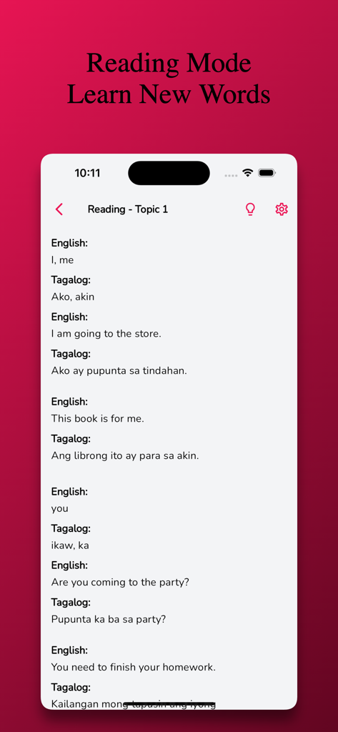 Tagalog Learning - Beginners - Reading mode interface in Tagalog Learning app showing English phrases and their Tagalog translations