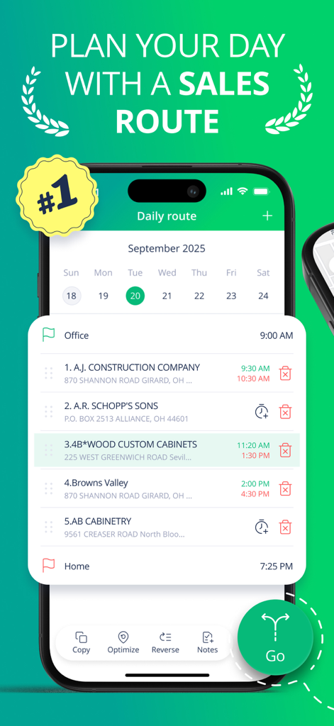 Captura de pantalla de la aplicación RepMove que muestra un itinerario diario de rutas de ventas con paradas comerciales optimizadas y horarios de reuniones