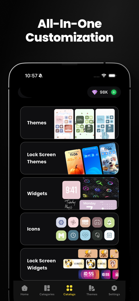 Wallpapers live 4K Background - A mobile app interface titled All-In-One Customization showing various categories including Themes, Lock Screen Themes, Widgets, Icons, and Lock Screen Widgets.