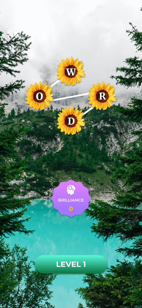 Word Flowers - Gameplay of Word Flowers level 1 with sunflowers forming a word over a mountain lake