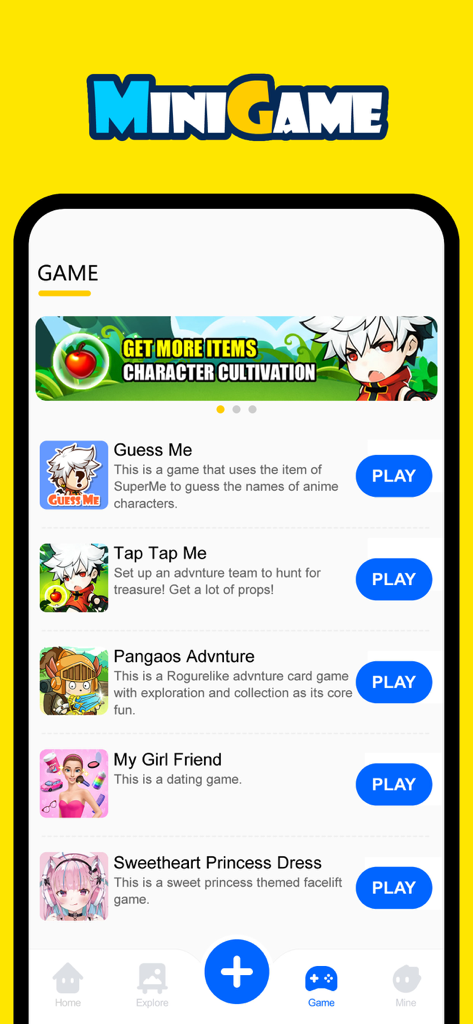 SuperMe-Avatar Maker Creator - Una lista de minijuegos disponibles dentro de la aplicación SuperMe con juegos de estilo anime y opciones de cultivo de personajes.