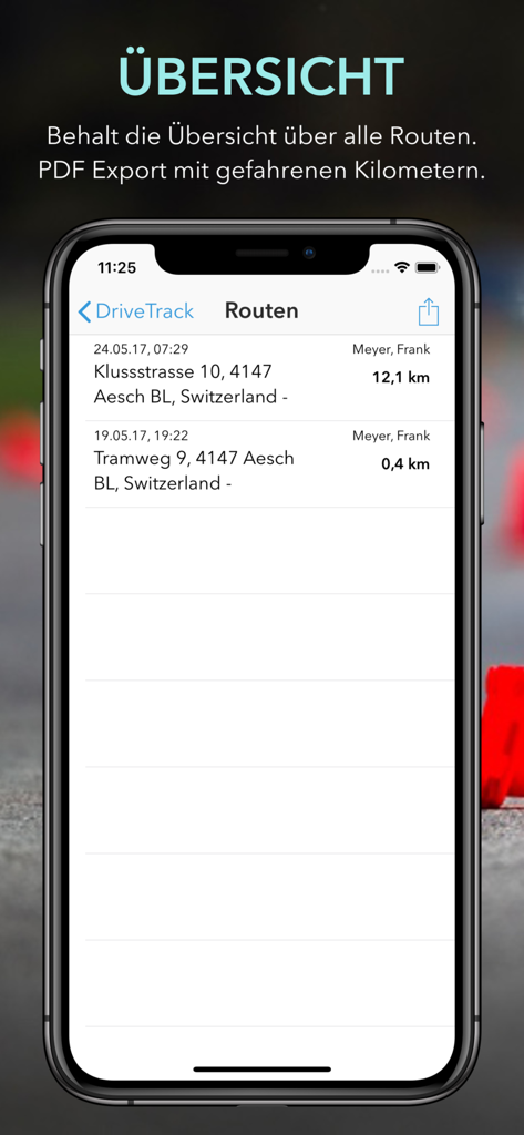 Overview of driving routes and distances in the iTheory DriveTrack app